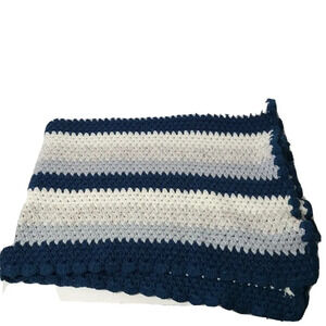 Knitted Afghan Throw Blanket Teal Blue-Green Grey White Handmade 46 in x 38 in